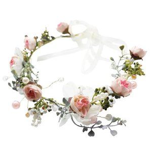 Floral Halo Boho Flower Headband Floral Crown Headpiece Hair Wreath with Ribbon